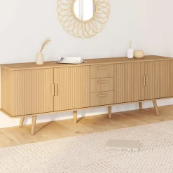 IDMarket Buffet XXL de 180 cm avec 4 portes et 3 tiroirs à l’effet lattes et tasseaux en bois coloris chêne* Meubles En Bois|Buffets