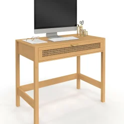 IDMarket Bureau 1 tiroir bois et cannage 90*50* Meubles En Bois|Bureaux Design