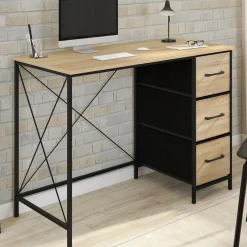 IDMarket Bureau 3 tiroirs design industriel en tissu bois et noir* Meubles En Bois|Bureaux De Travail