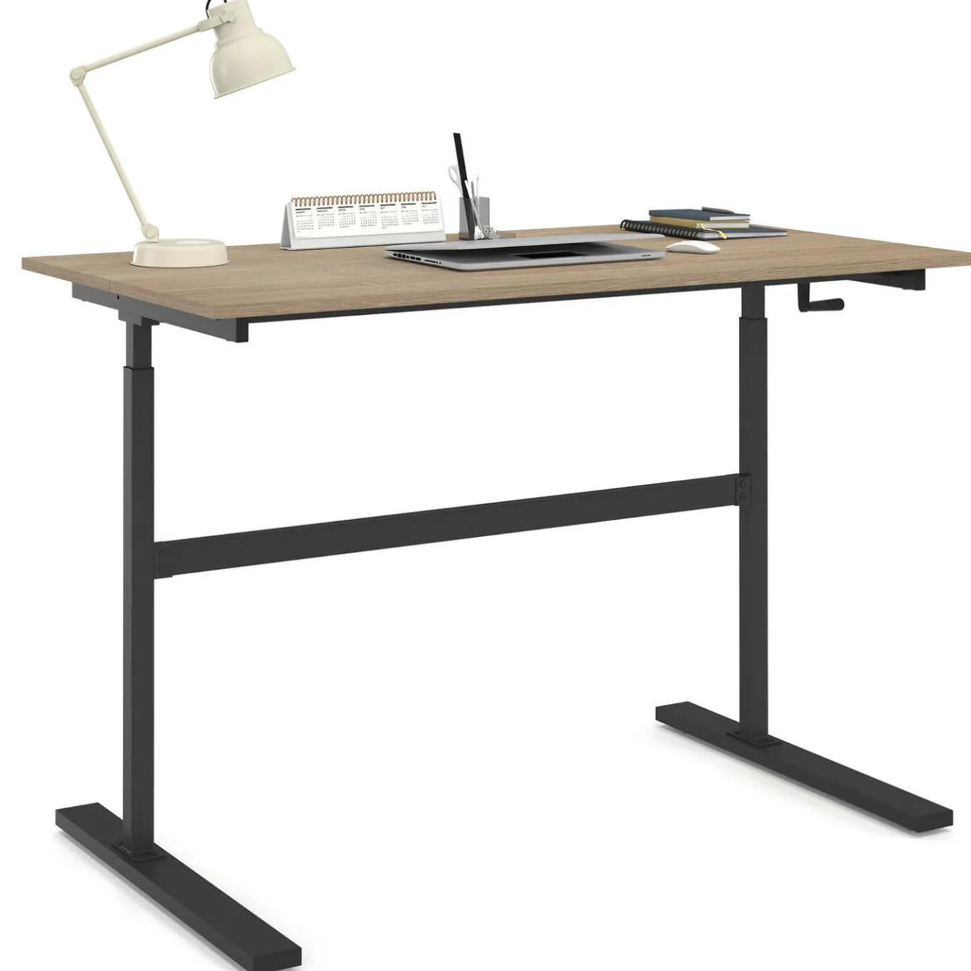 IDMarket Bureau assis debout à manivelle hauteur réglable 70 - 120 cm bois façon hêtre et noir* Meubles En Bois|Bureaux Design