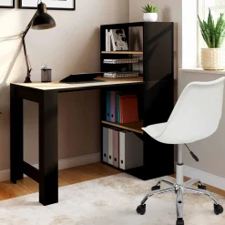 IDMarket Bureau bibliothèque bois façon hêtre et noir* Collection Design|Collection Télétravail