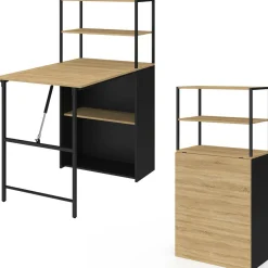 IDMarket Bureau bibliothèque pliable plateau rabattable bois façon hêtre et noir* Meubles Noirs|Meubles En Bois