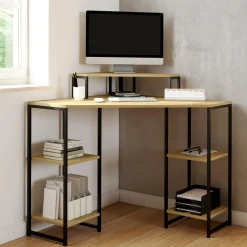 IDMarket Bureau d'angle industriel avec rangements bois et métal noir* Bureaux De Travail|Bureaux Avec Plan De Travail