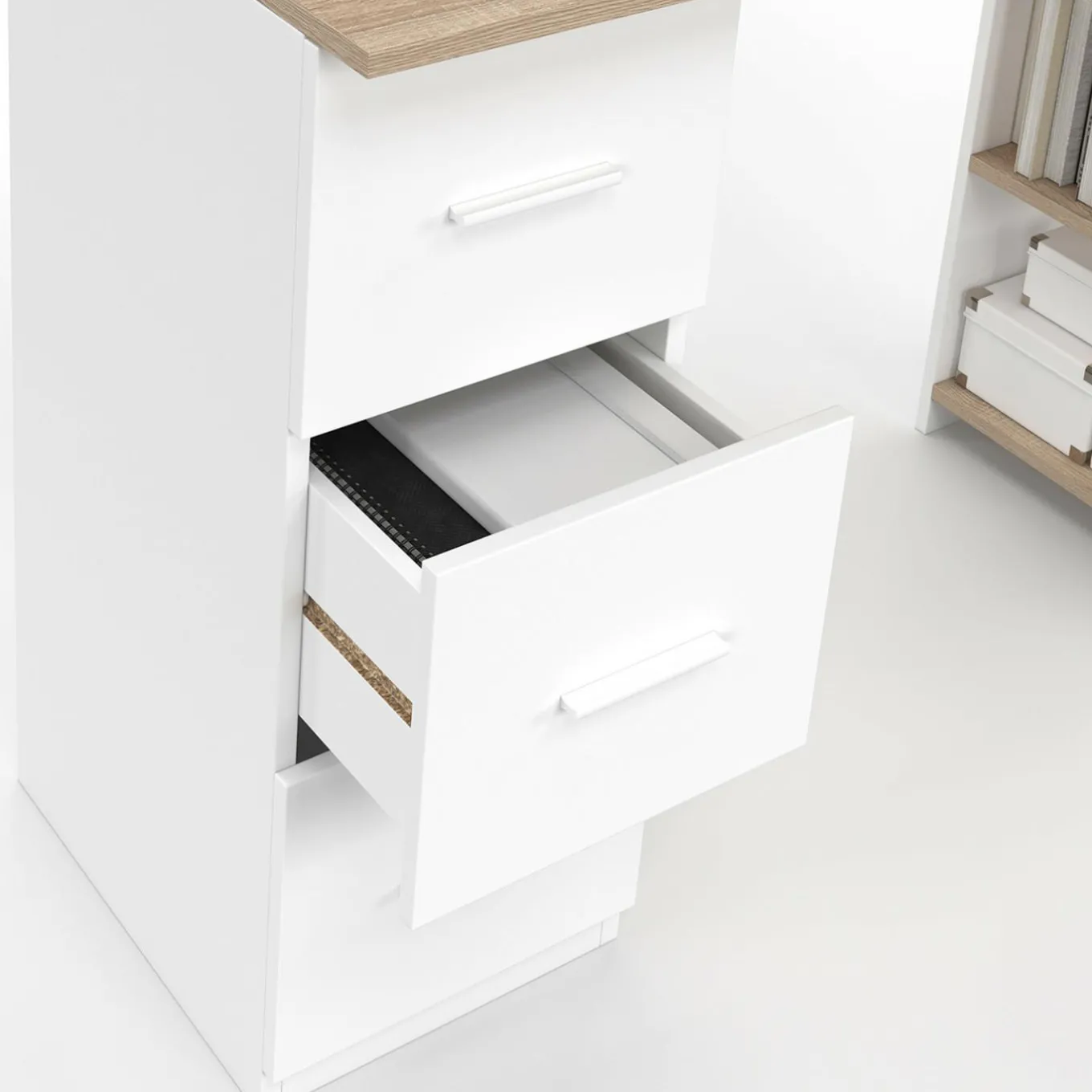 IDMarket Bureau droit 3 tiroirs avec étagères de rangement blanc et bois* Meubles En Bois|Collection Contemporaine