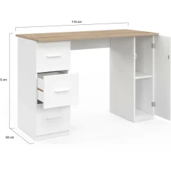 IDMarket Bureau droit 3 tiroirs et porte placard blanc et bois* Meubles Blancs|Meubles En Bois