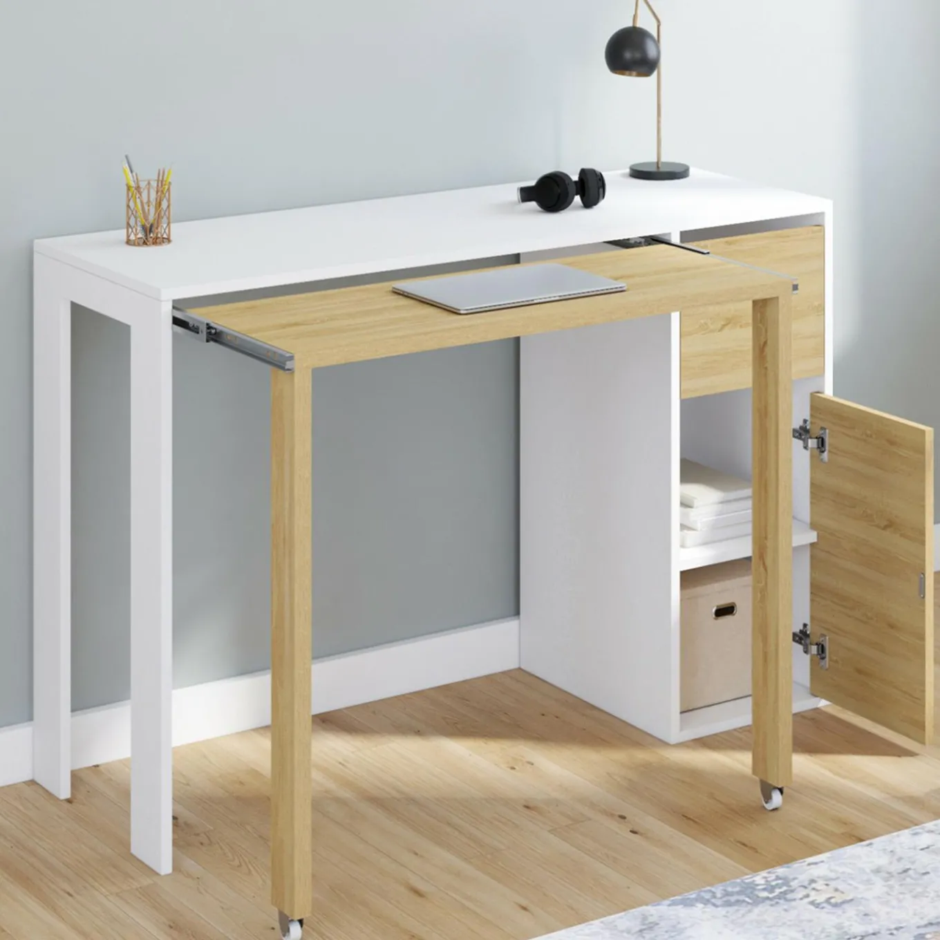 IDMarket Bureau extensible blanc et bois avec rangements* Meubles Blancs|Meubles En Bois