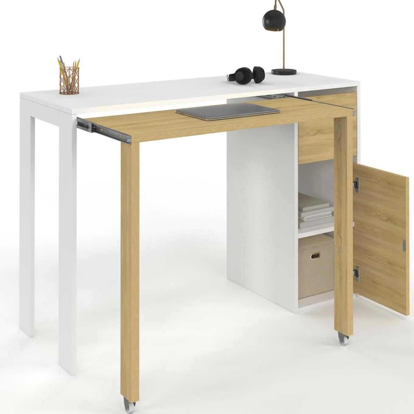 IDMarket Bureau extensible blanc et bois avec rangements* Meubles Blancs|Meubles En Bois