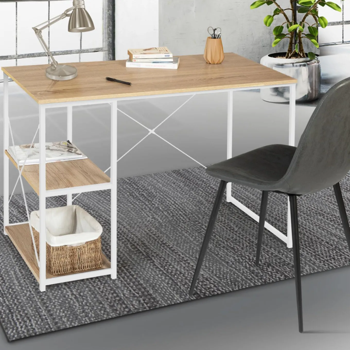 IDMarket Bureau industriel droit avec plateaux bois et métal blanc* Collection Télétravail|Collection Industrielle