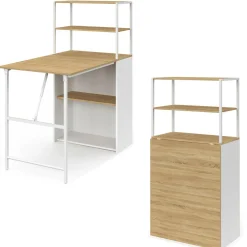 IDMarket Bureau pliable avec étagères bois façon hêtre et blanc* Meubles En Bois|Collection Télétravail