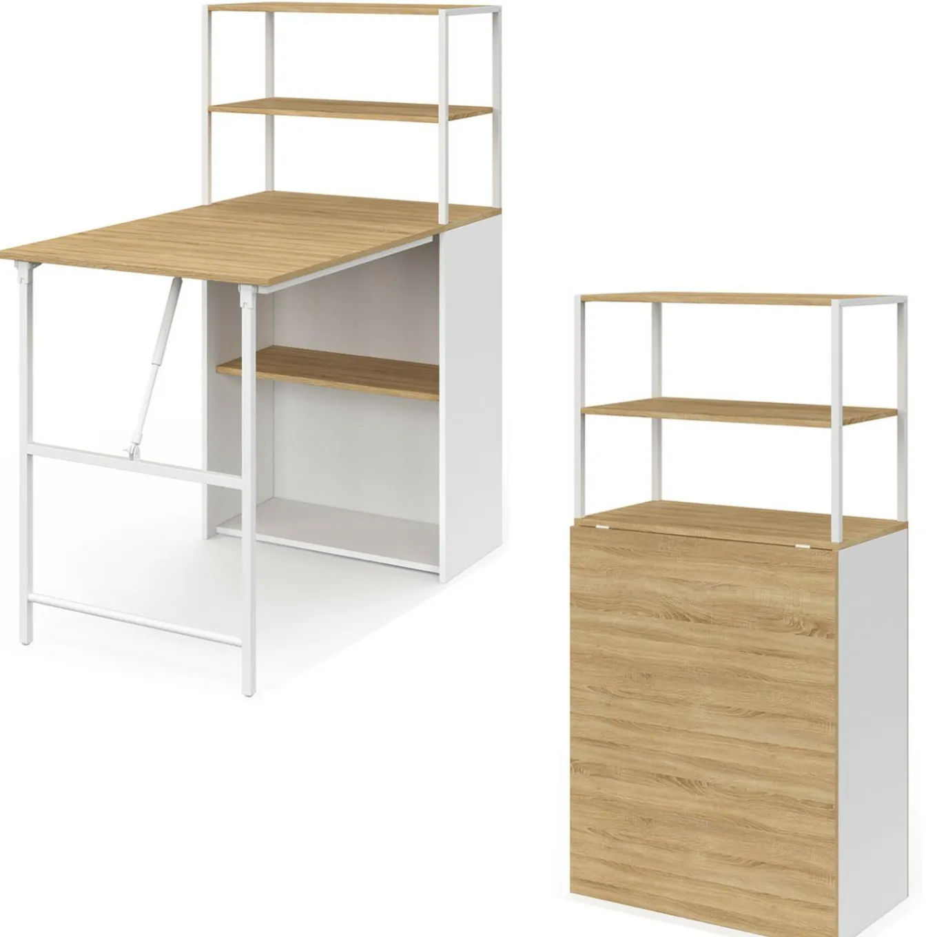 IDMarket Bureau pliable avec étagères bois façon hêtre et blanc* Meubles En Bois|Collection Télétravail