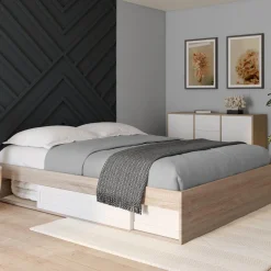 IDMarket Cadre de lit avec rangements et sommier bois et blanc 160x200 cm* Collection Moderne|Chambre Complète Adulte
