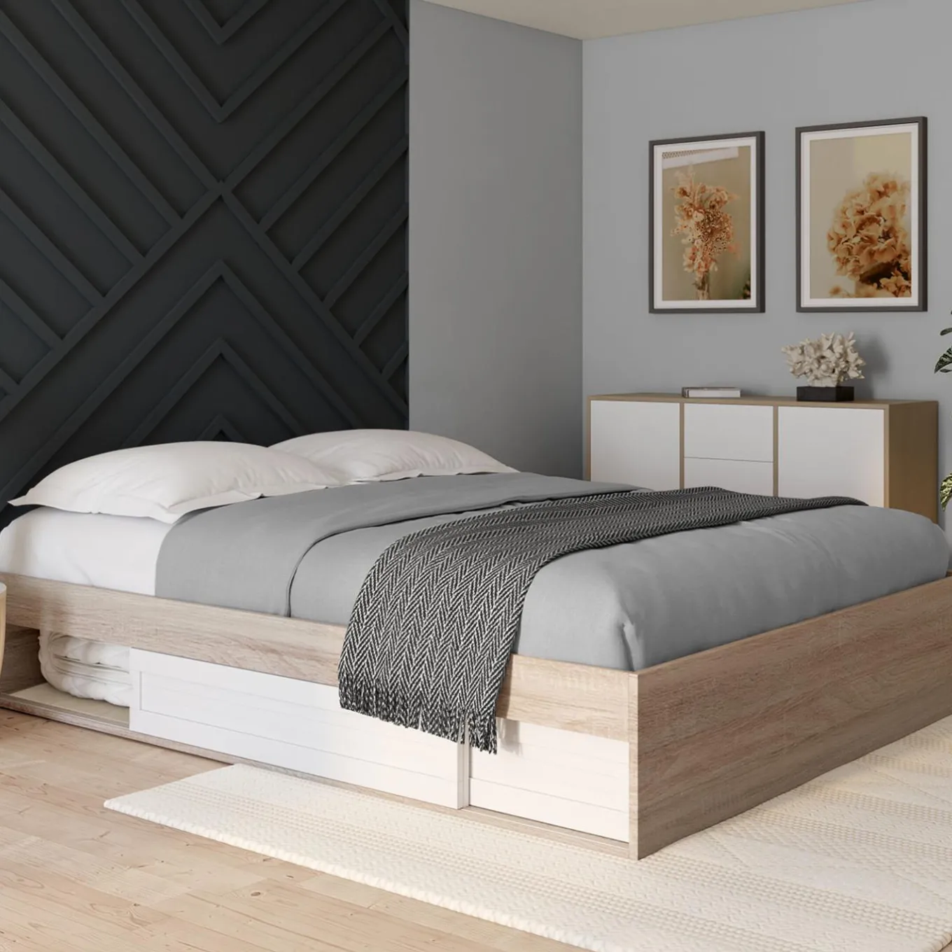 IDMarket Cadre de lit avec rangements et sommier bois et blanc 160x200 cm* Collection Moderne|Chambre Complète Adulte