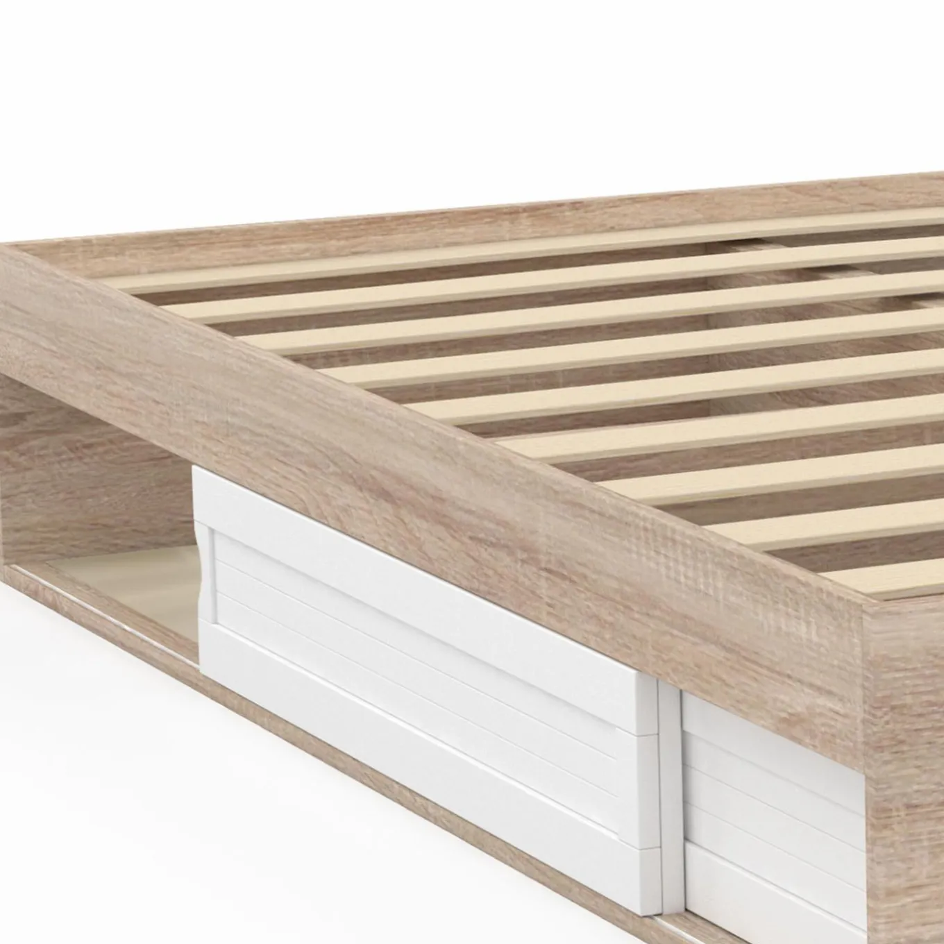 IDMarket Cadre de lit avec rangements et sommier bois et blanc 160x200 cm* Collection Moderne|Chambre Complète Adulte