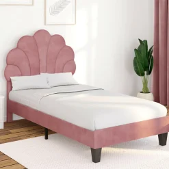 IDMarket Cadre de lit simple coquillage avec sommier 90 x 190 cm velours rose poudré* Lits Avec Sommier