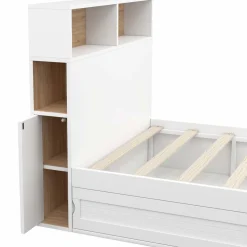 IDMarket Cadre de lit simple 90x190 cm blanc et hêtre avec tête de lit et rangement* Meubles Blancs|Collection Scandinave