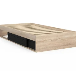 IDMarket Cadre de lit simple 90x190 cm bois façon hêtre et noir avec rangement et sommier 10 lattes* Collection Contemporaine|Chambre Complète Adulte