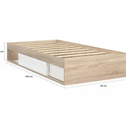 IDMarket Cadre de lit simple 90x190 cm bois façon hêtre et blanc avec rangement et sommier 10 lattes* Collection Contemporaine|Chambre Complète Adulte