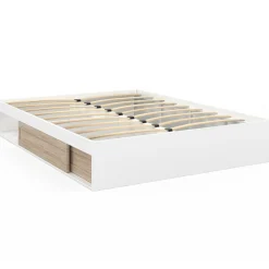 IDMarket Cadre de lit 140x190 cm avec sommier et rangements blanc et bois façon hêtre* Collection Moderne|Chambre Complète Adulte