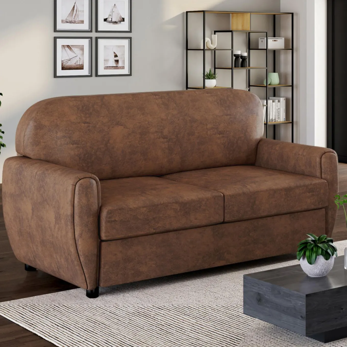 IDMarket Canapé droit vintage marron effet vieilli* Collection Vintage|Salon Complet