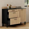 IDMarket Casserolier bois noir et façon hêtre 120 cm plan de travail H.83 cm 1 porte + 3 tiroirs* Meubles De Cuisine Avec Plan De Travail|Buffets De Cuisine