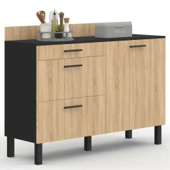 IDMarket Casserolier bois noir et façon hêtre 120 cm plan de travail H.83 cm 1 porte + 3 tiroirs* Meubles De Cuisine Avec Plan De Travail|Buffets De Cuisine