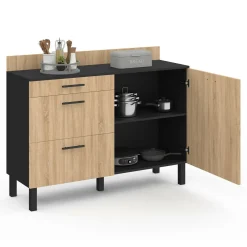 IDMarket Casserolier bois noir et façon hêtre 120 cm plan de travail H.83 cm 1 porte + 3 tiroirs* Meubles De Cuisine Avec Plan De Travail|Buffets De Cuisine