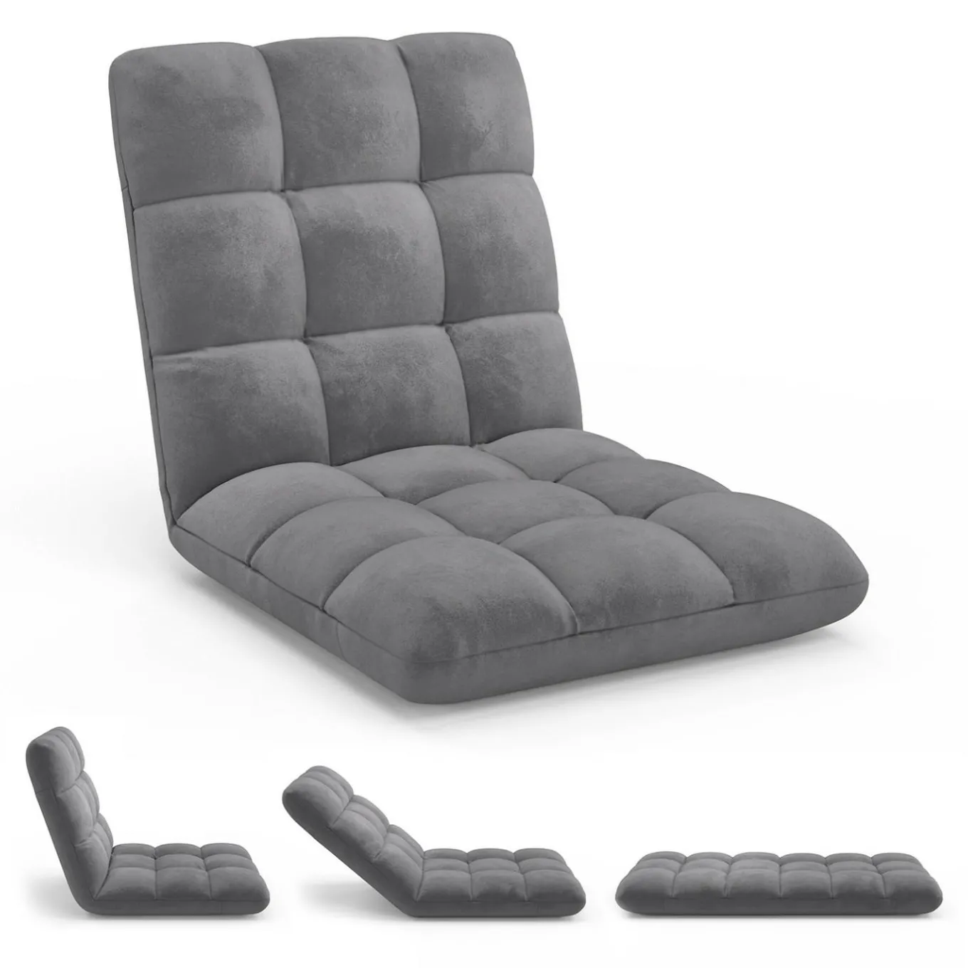 IDMarket Chaise de sol pliante 15 positions en velours gris anthracite* Chaises|Fauteuils