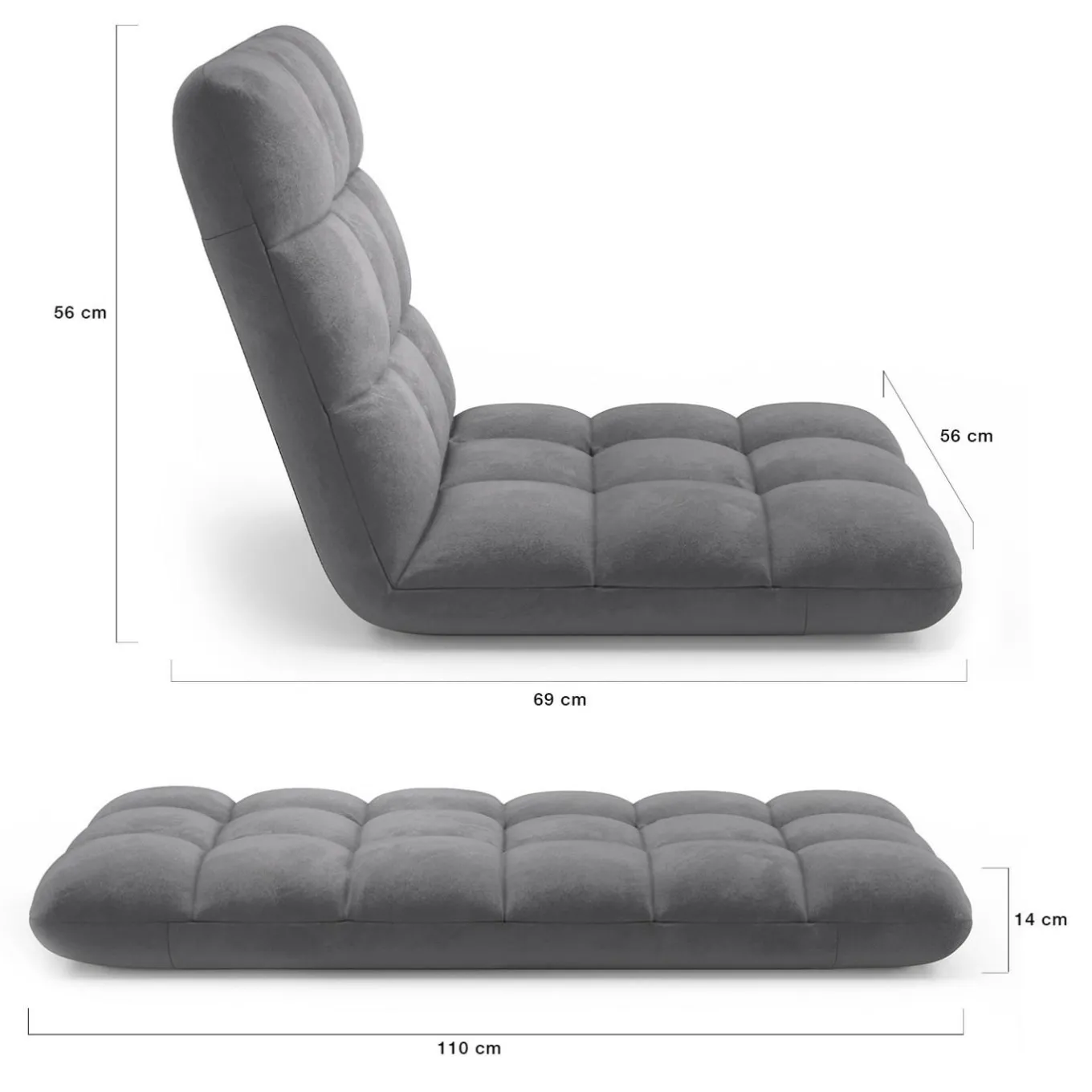 IDMarket Chaise de sol pliante 15 positions en velours gris anthracite* Chaises|Fauteuils