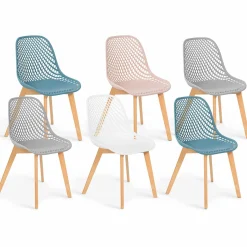 IDMarket Chaises scandinaves pastel rose, blanc, gris clair x2, bleu x2 avec dossier ajouré* Collection Scandinave|Salle À Manger Complète