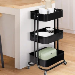 IDMarket Chariot desserte à roulettes en acier noir* Meubles Salle De Bain|Dessertes Et Éléments De Cuisine