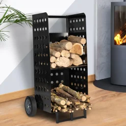 IDMarket Chariot porte bûches vertical noir* Accessoires Cheminée|Collection Métal