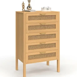 IDMarket Chiffonier commode semainier cannage bois 5 tiroirs 60 cm* Meubles En Bois|Collection Cannage