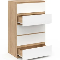 IDMarket Chiffonier commode semainier bois façon hêtre et blanc 60 cm 5 tiroirs* Collection Design|Collection Moderne
