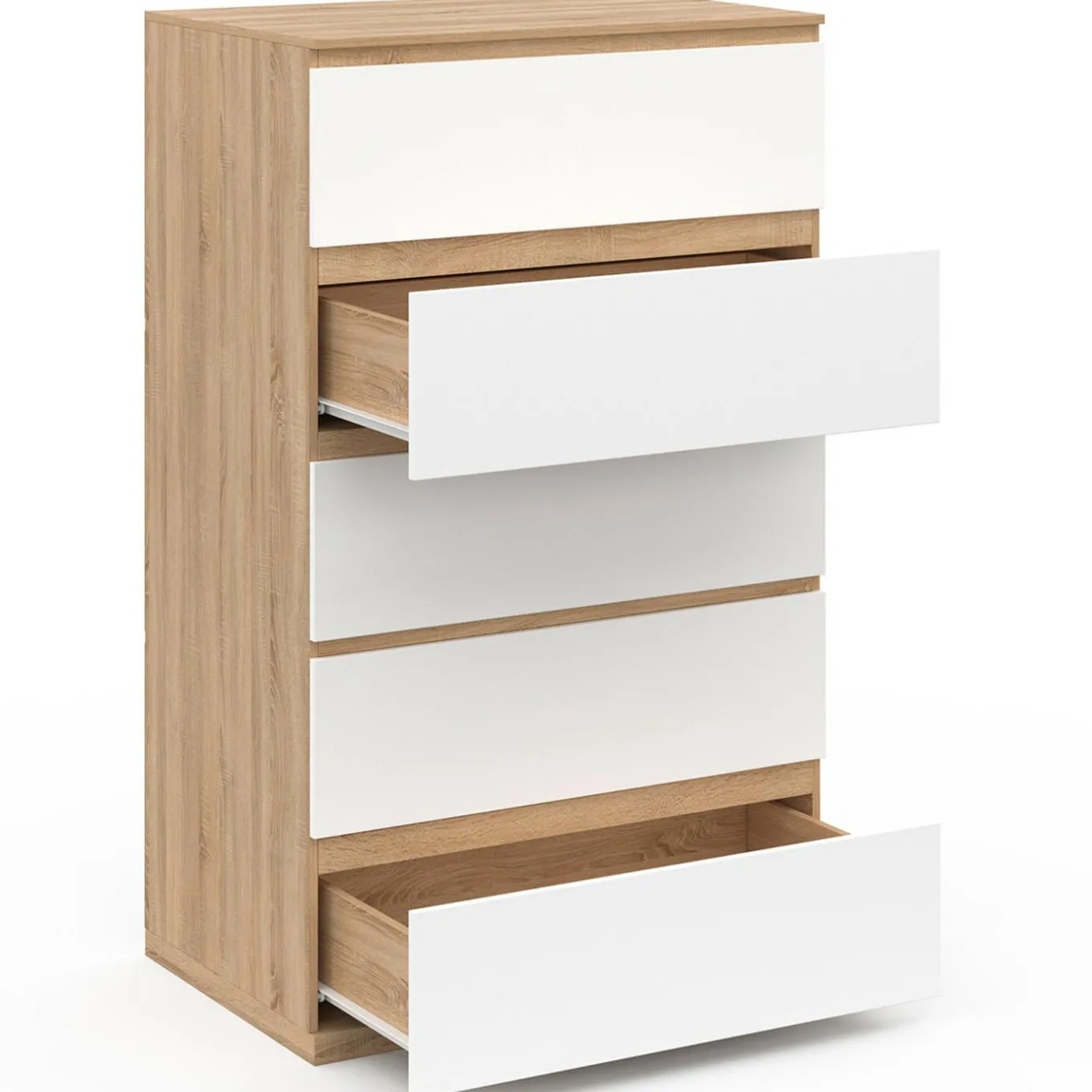 IDMarket Chiffonier commode semainier bois façon hêtre et blanc 60 cm 5 tiroirs* Collection Design|Collection Moderne