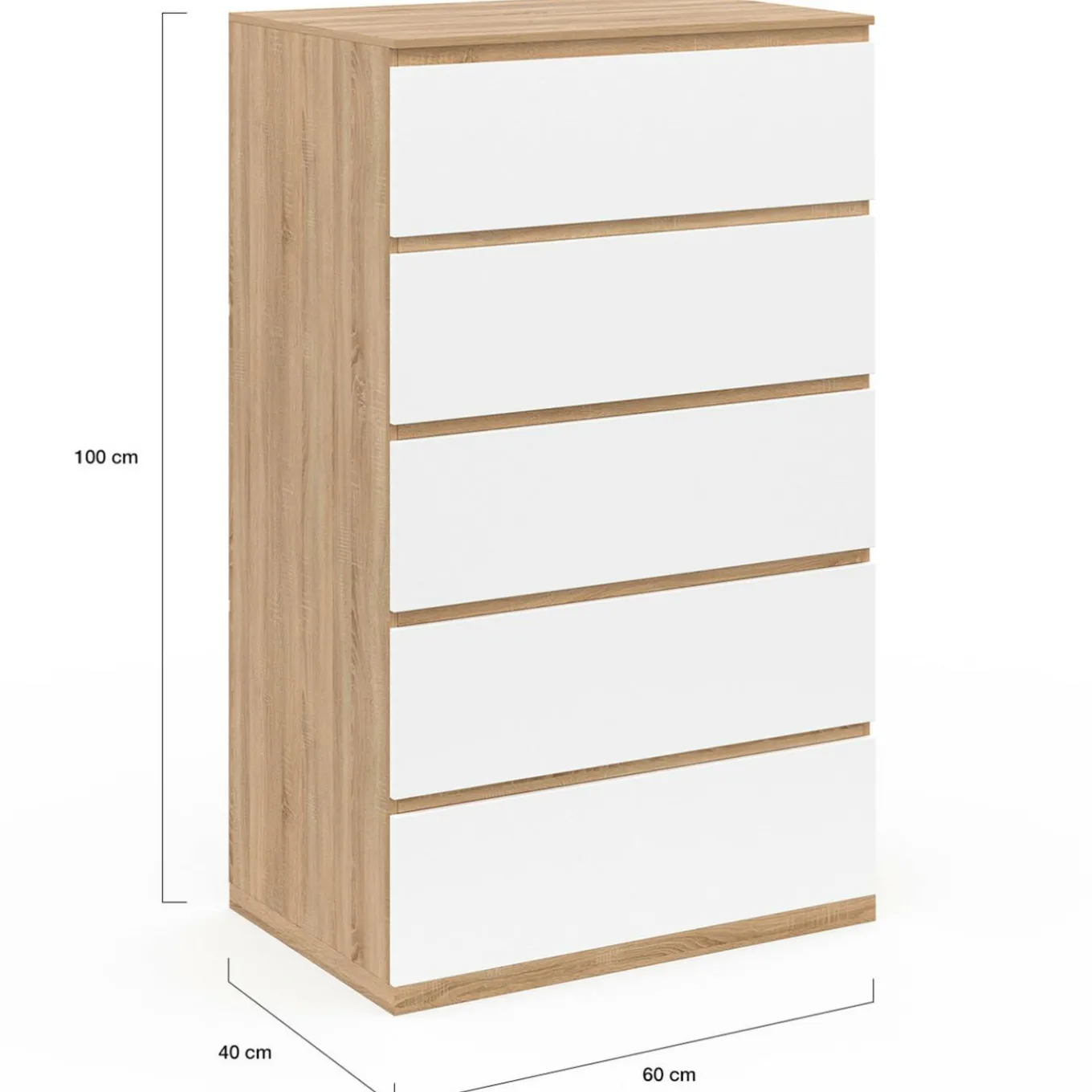 IDMarket Chiffonier commode semainier bois façon hêtre et blanc 60 cm 5 tiroirs* Collection Design|Collection Moderne