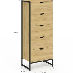 IDMarket Chiffonnier 5 tiroirs 45 cm commode semainier design industriel* Meubles Tiroirs|Meubles En Bois