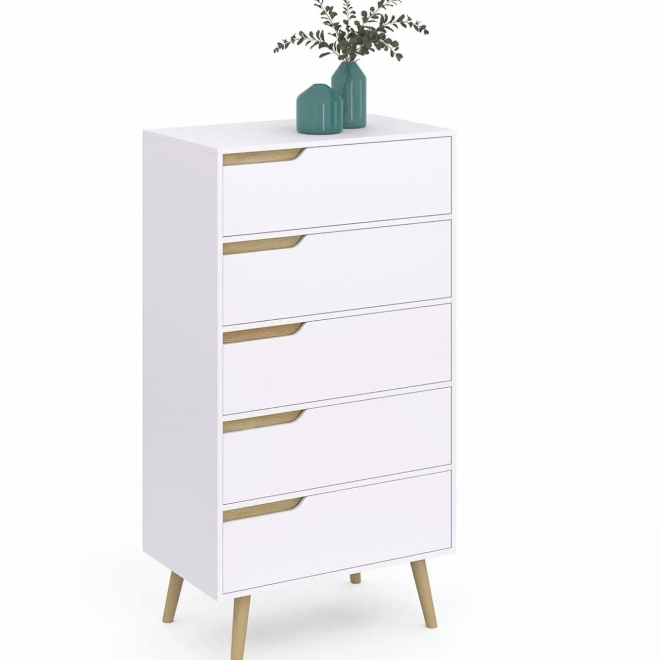 IDMarket Chiffonnier 5 tiroirs bois et blanc style scandinave* Meubles Blancs|Collection Scandinave