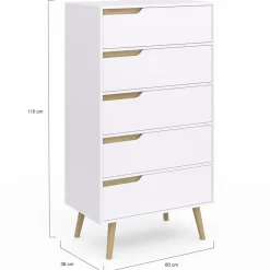 IDMarket Chiffonnier 5 tiroirs bois et blanc style scandinave* Meubles Blancs|Collection Scandinave