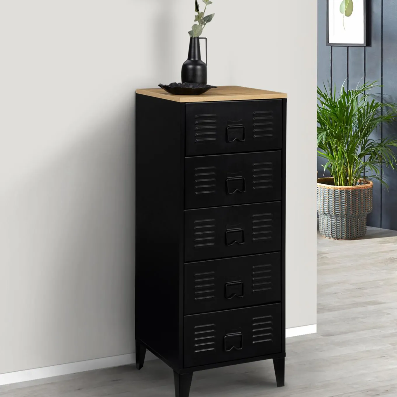 IDMarket Chiffonnier industriel métal noir et imitation hêtre avec 5 tiroirs* Meubles Tiroirs|Collection Métal