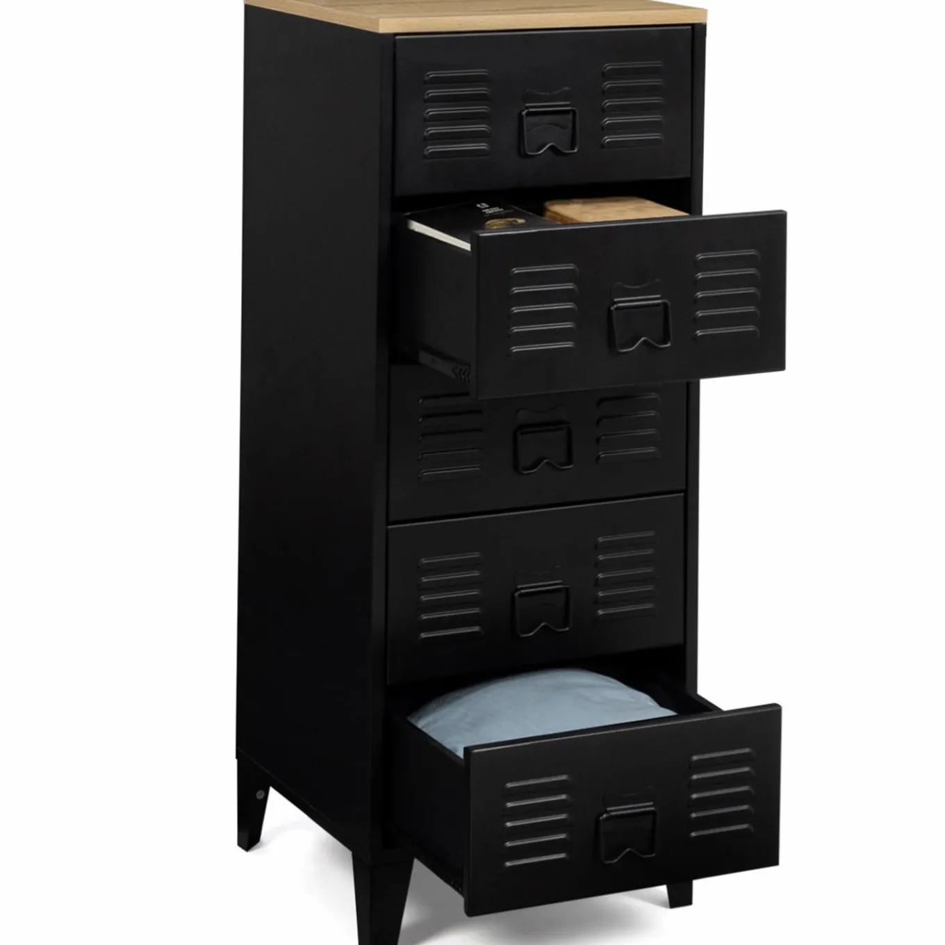 IDMarket Chiffonnier industriel métal noir et imitation hêtre avec 5 tiroirs* Meubles Tiroirs|Collection Métal