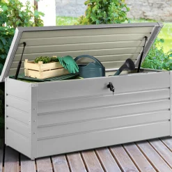 IDMarket Coffre de rangement extérieur étanche en métal gris clair 600 L* Coffre De Jardin|Abris De Jardin