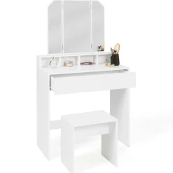 IDMarket Coiffeuse 3 miroirs blanche avec 4 niches, 1 tiroir et tabouret* Meubles Tiroirs|Collection Design