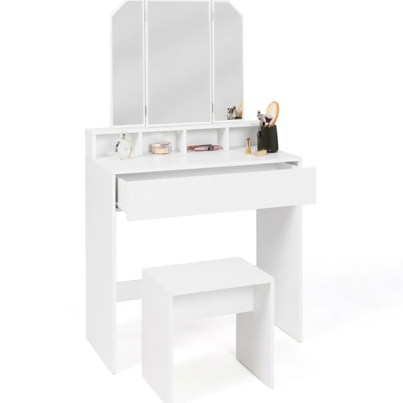 IDMarket Coiffeuse 3 miroirs blanche avec 4 niches, 1 tiroir et tabouret* Meubles Tiroirs|Collection Design