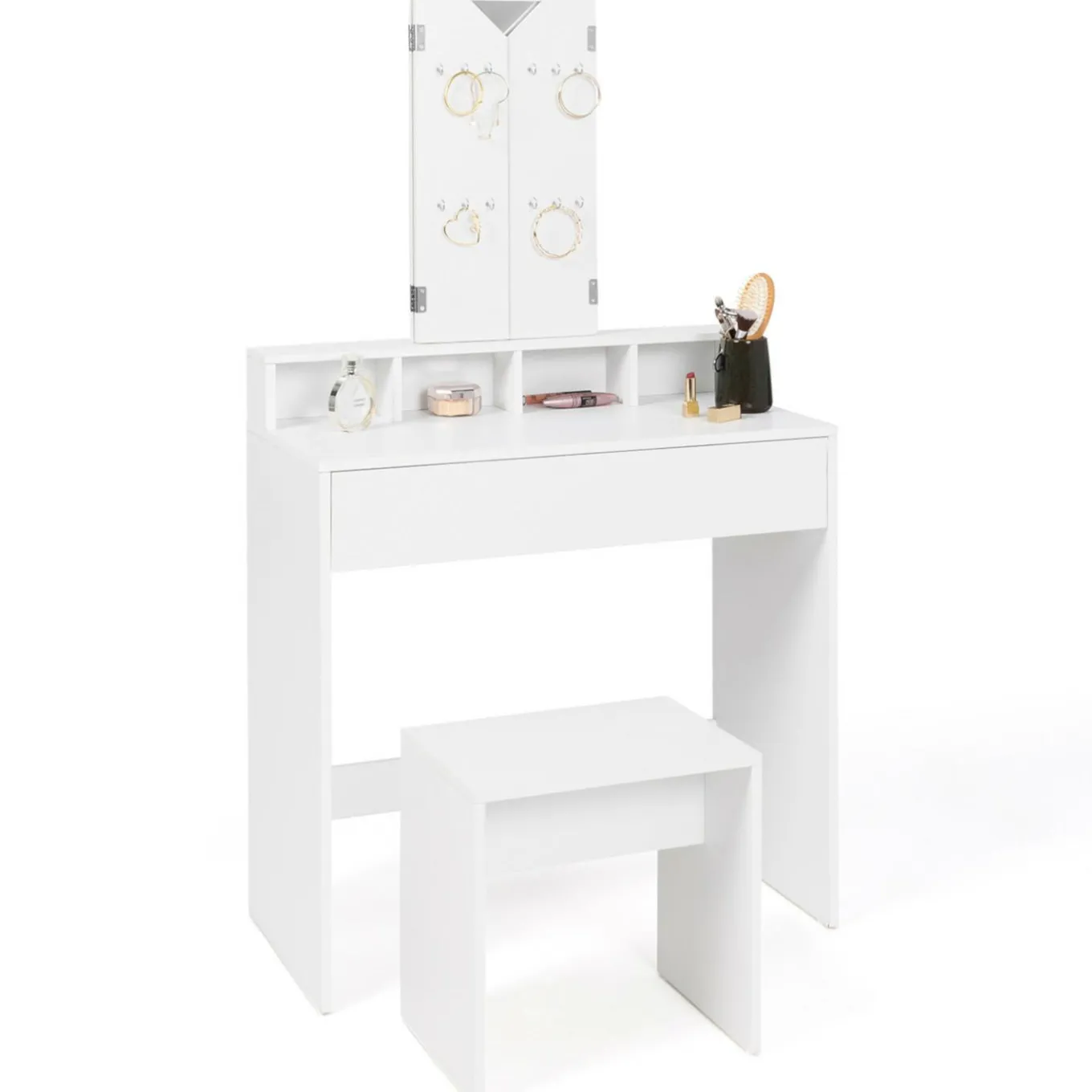 IDMarket Coiffeuse 3 miroirs blanche avec 4 niches, 1 tiroir et tabouret* Meubles Tiroirs|Collection Design