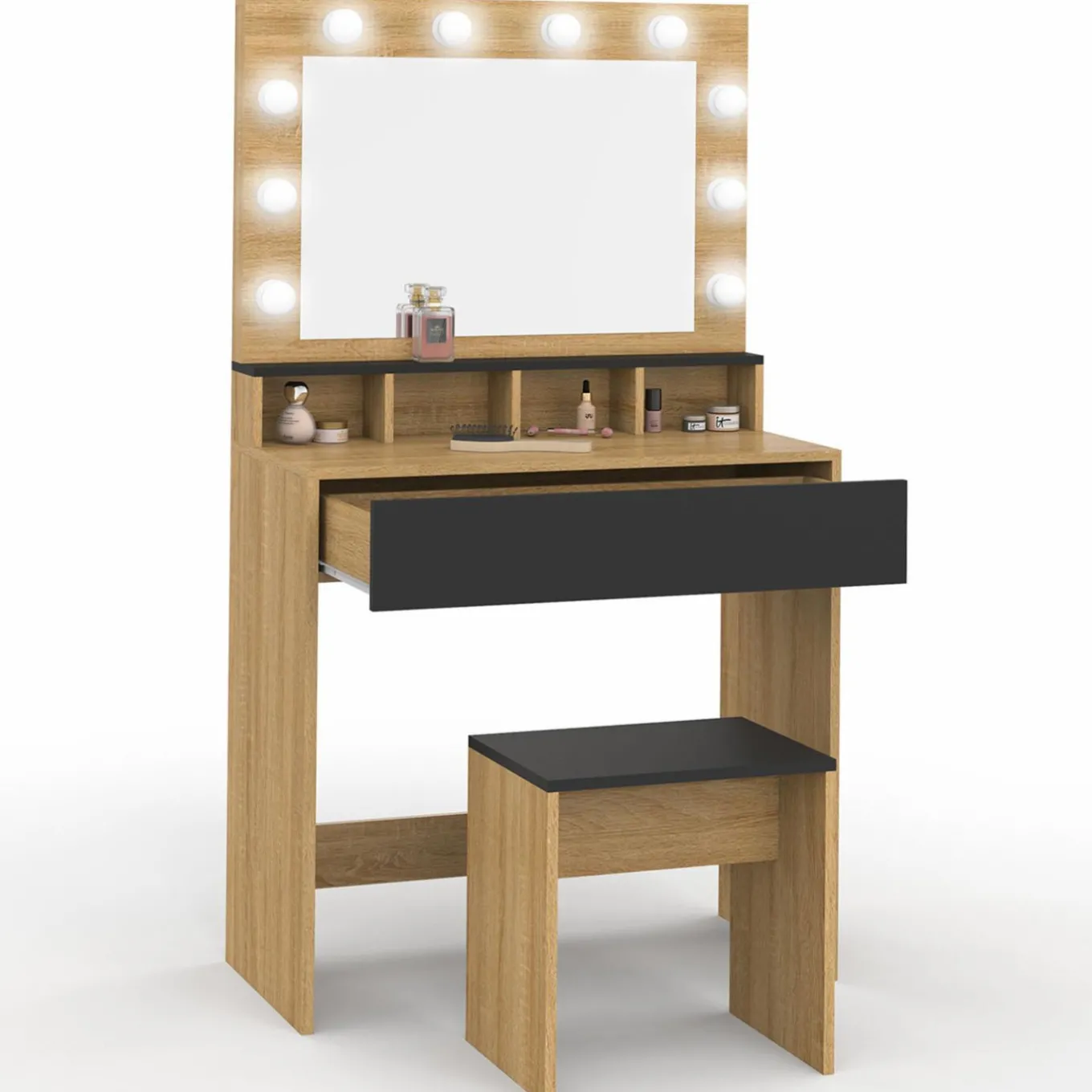 IDMarket Coiffeuse avec miroir LED noir et hêtre* Meubles Tiroirs|Collection Design