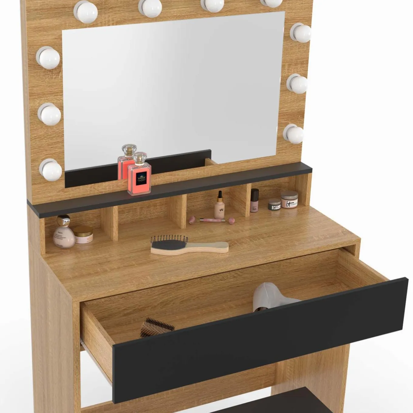 IDMarket Coiffeuse avec miroir LED noir et hêtre* Meubles Tiroirs|Collection Design