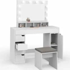 IDMarket Coiffeuse avec miroir LED blanche, niches, tiroirs, rangements et tabouret* Coiffeuses