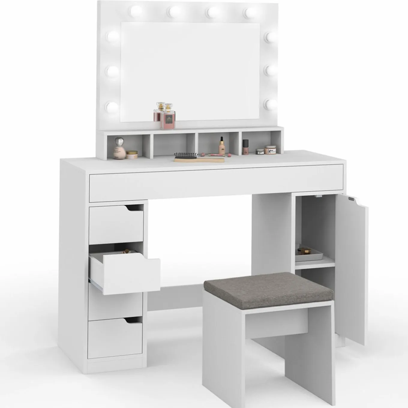 IDMarket Coiffeuse avec miroir LED blanche, niches, tiroirs, rangements et tabouret* Coiffeuses