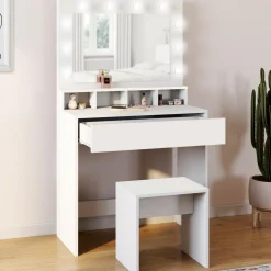 IDMarket Coiffeuse avec miroir LED et tabouret, 4 niches, 1 tiroir* Meubles Tiroirs|Collection Design