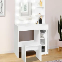 IDMarket Coiffeuse blanche avec miroir LED et tabouret 1 tiroir* Meubles Tiroirs|Meubles Blancs